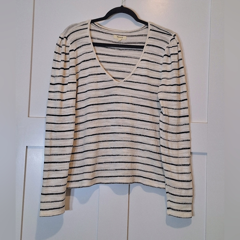 Madewell Cotton Blend Stretch White  Black Striped Sweater V Neck Size Large